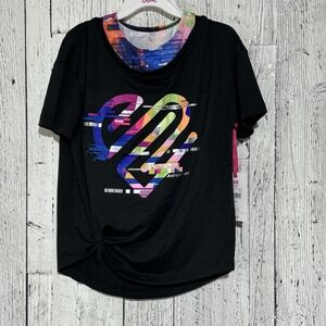 Justice Girls  Size M 10 K Sport Side Tie Tee Black With Sport Bra Colorful